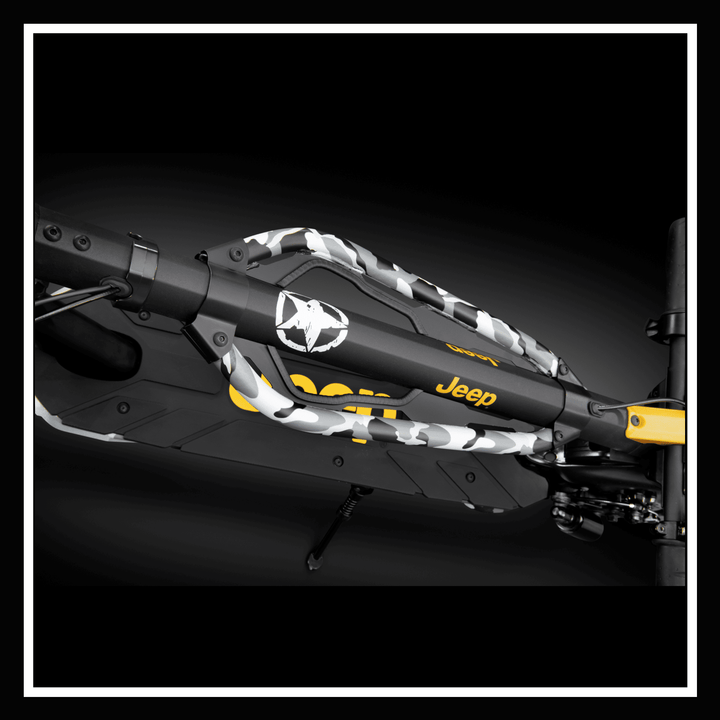 JEEP 2xe electric scooter close-up showing the durable frame and sleek design.