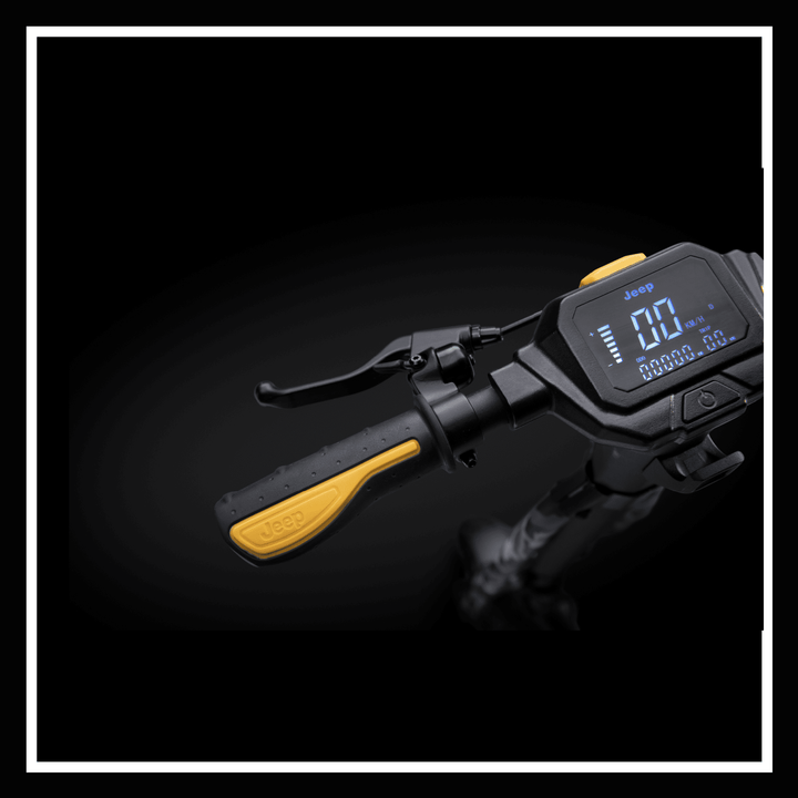 Close-up of Jeep 2xe electric scooter handlebar displaying digital dashboard and controls.