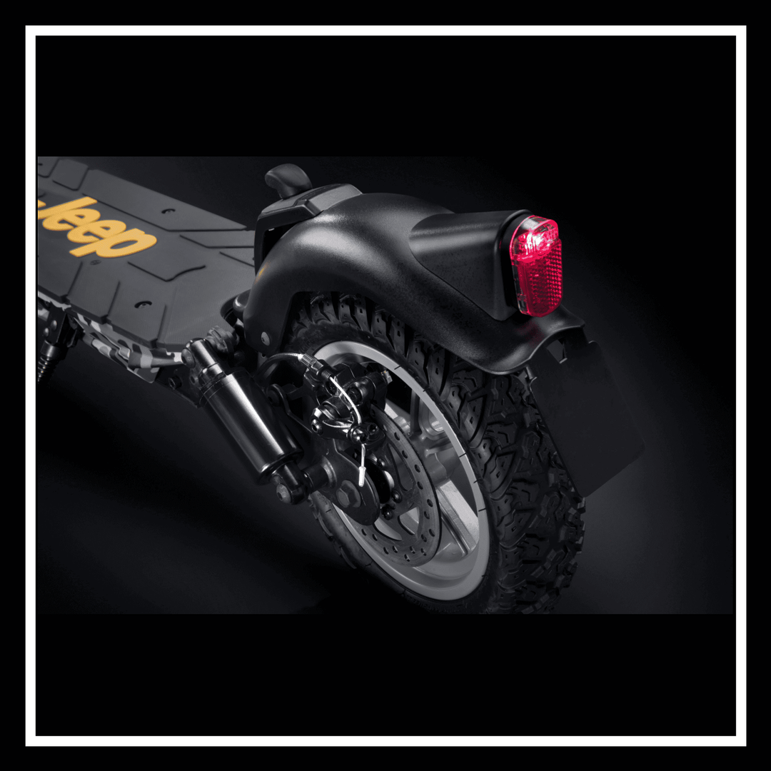 JEEP 2xe electric scooter rear view showcasing the durable frame and red tail light.