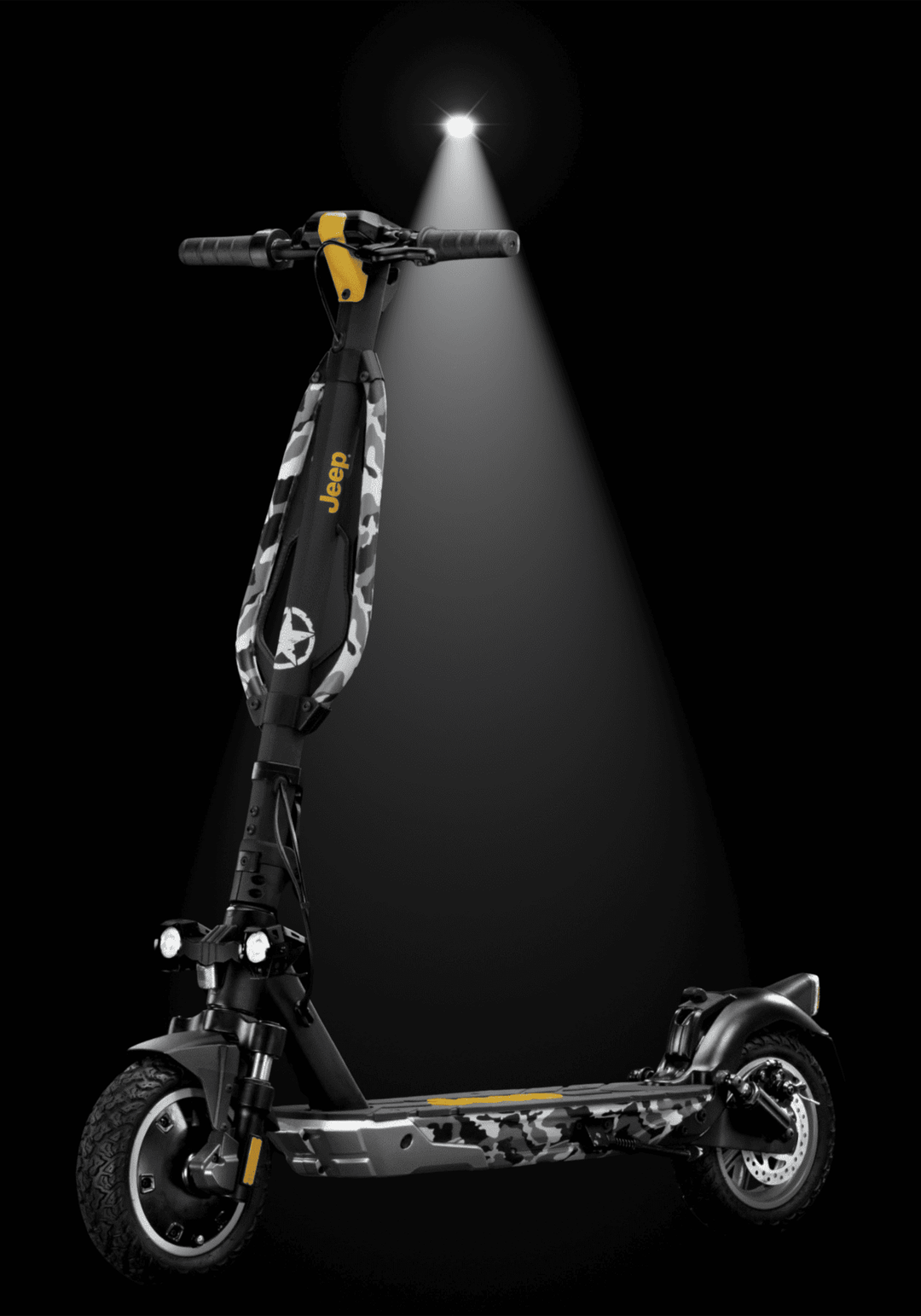 🇮🇪 JEEP 2xe URBAN CAMOU electric scooter in urban camouflage design with spotlight on it.