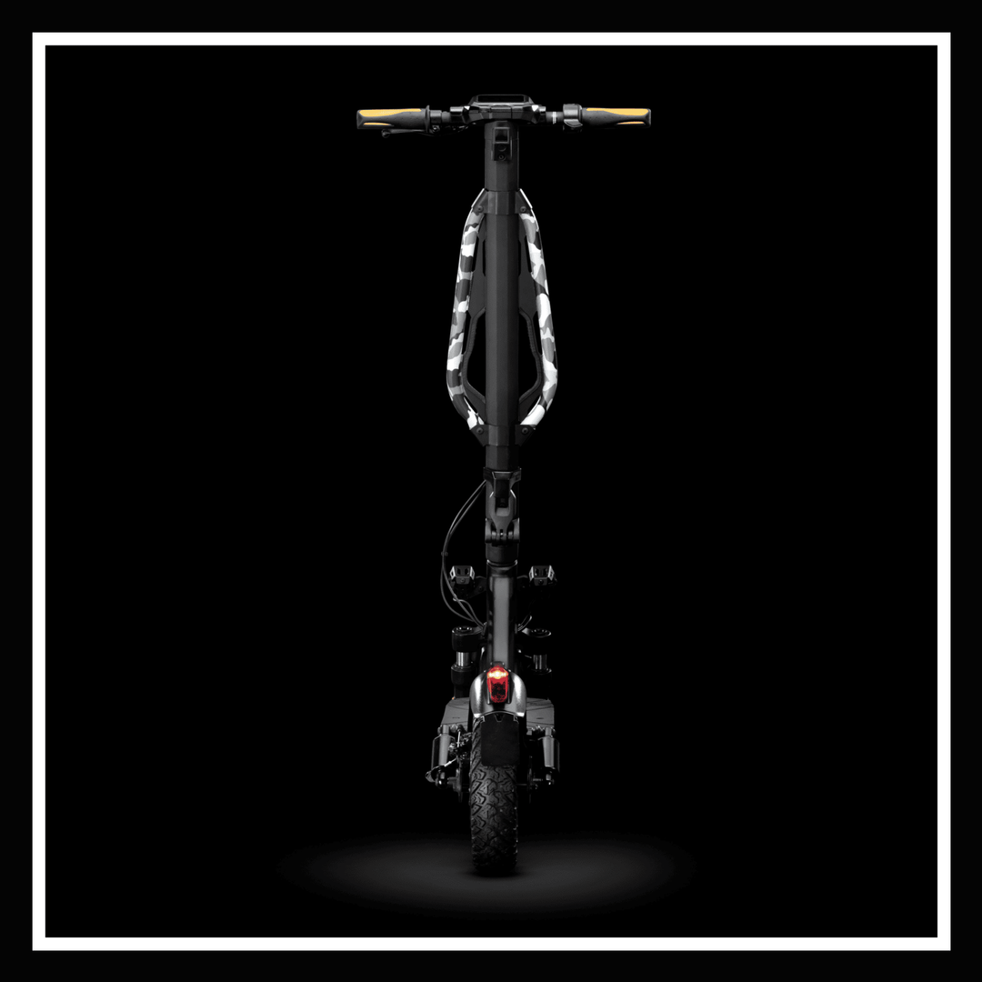 Jeep 2xe electric scooter sleek design showcasing the rear view against a black background.