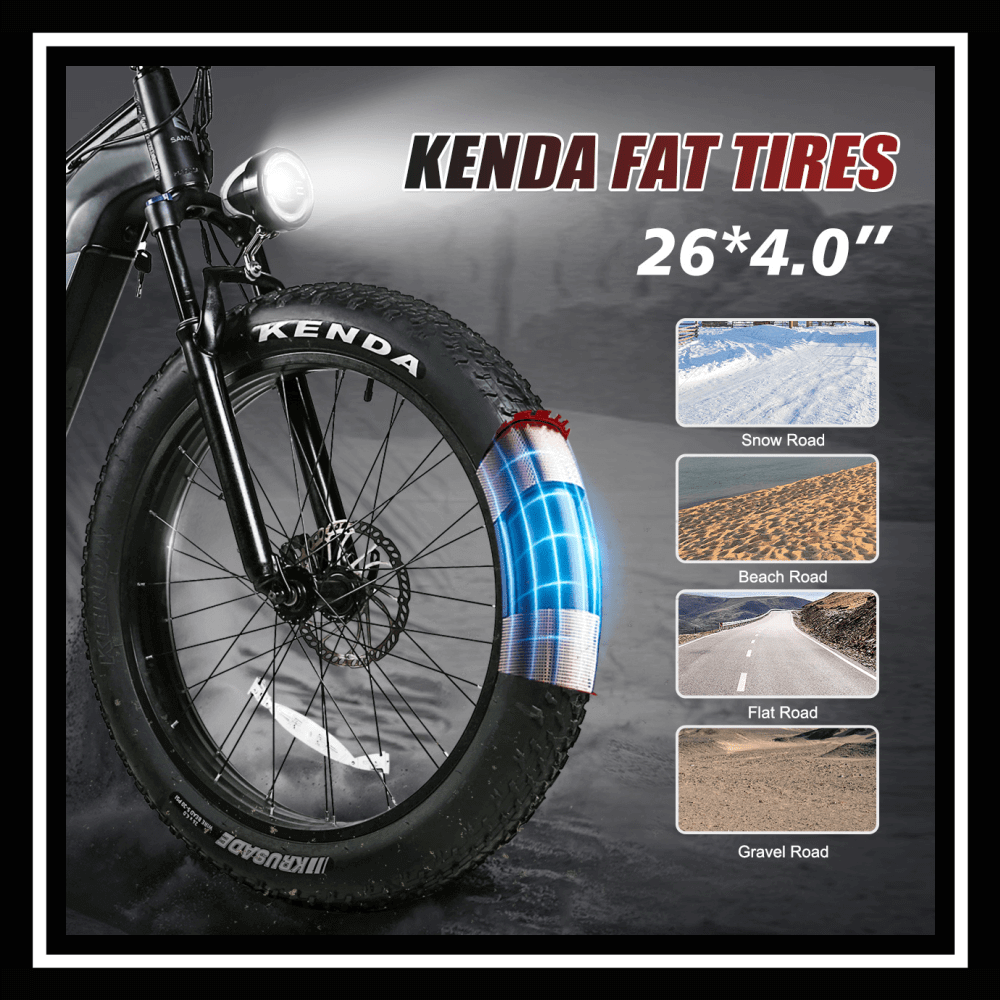 Kenda fat tires 26*4.0 inch showcasing applications on snow, beach, flat, and gravel roads.