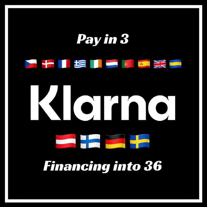 Klarna payment options with flags, offering 'Pay in 3' and 'Financing into 36' for flexible payment solutions.