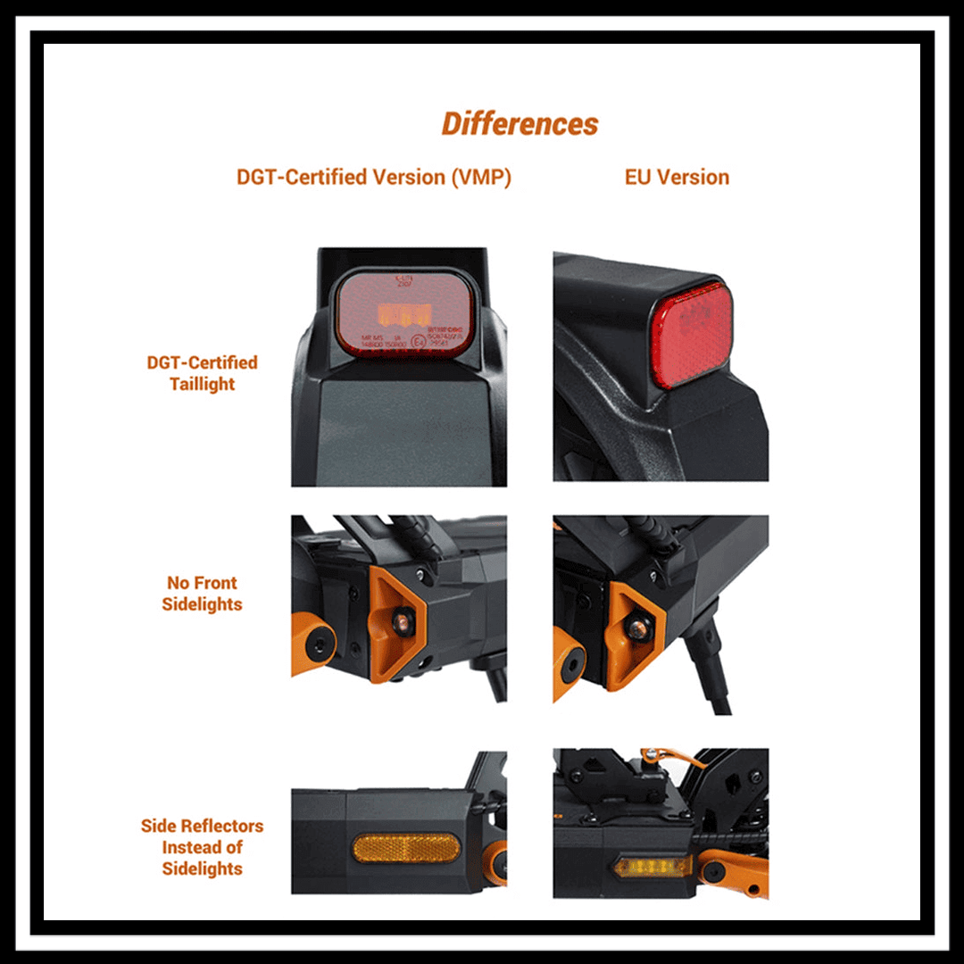 Differences between DGT-Certified Version (VMP) and EU Version of KUKIRIN G2 PRO (VMP) electric scooter features.