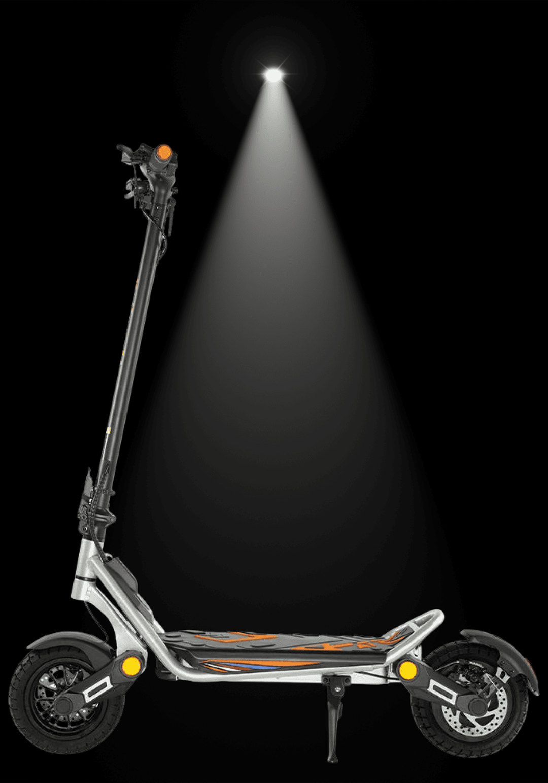 Side view of the 🇮🇪🇪🇺 KUKIRIN A1 electric scooter under a spotlight, showcasing its sleek design and features.