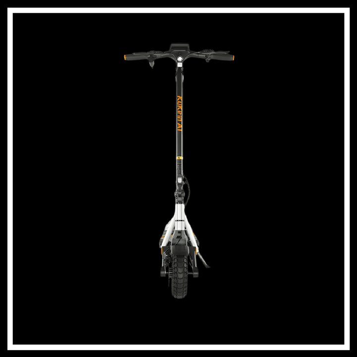🇮🇪🇪🇺 KUKIRIN A1 electric scooter viewed from the front, showcasing handlebars and tire.