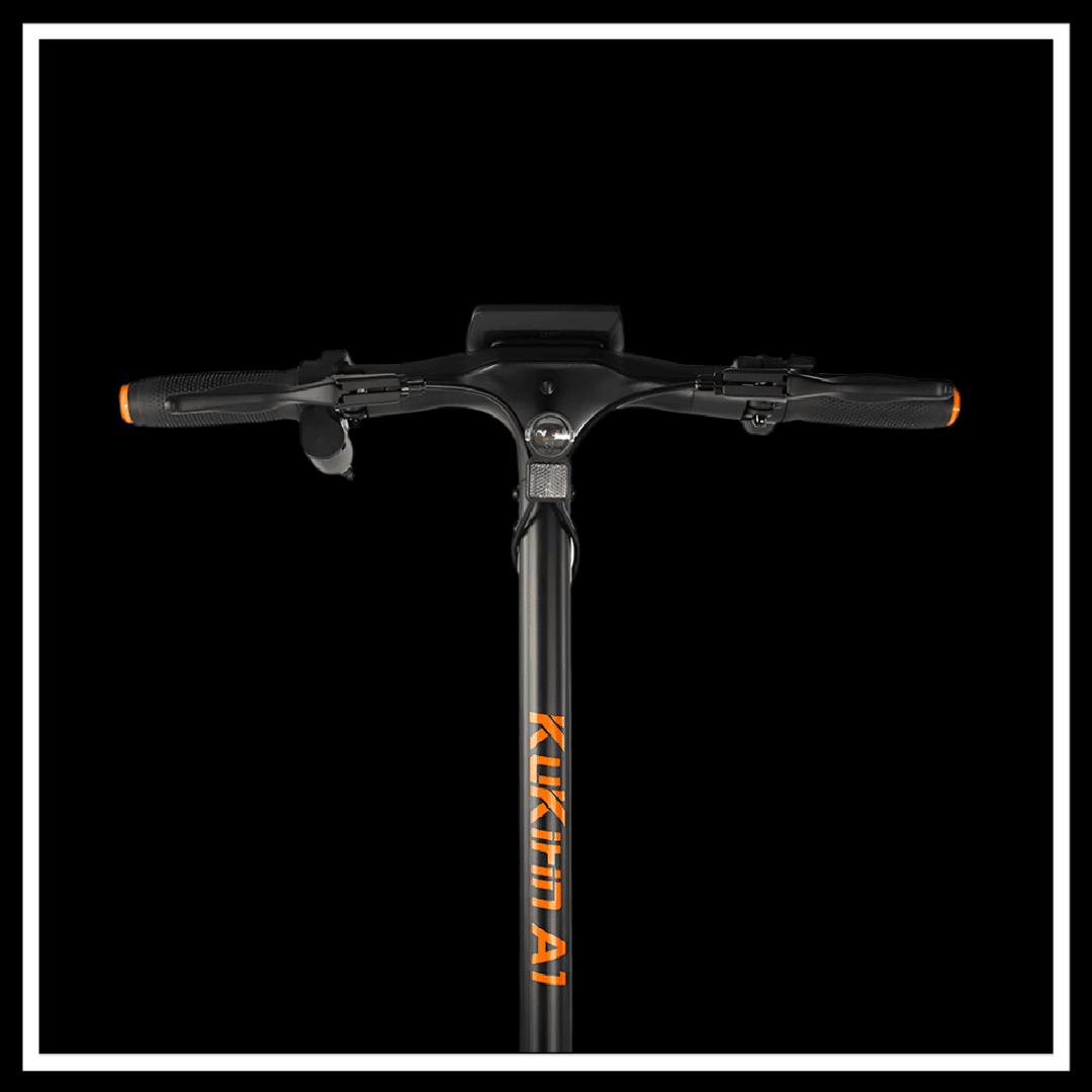 Handlebar view of the 🇮🇪🇪🇺 KUKIRIN A1 electric scooter showcasing its controls and sleek design.