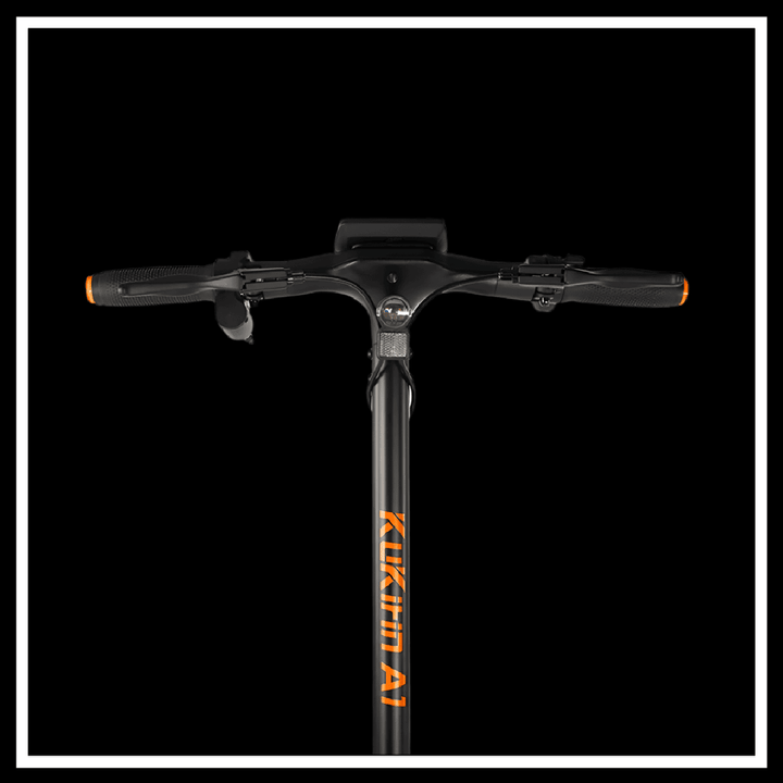 Handlebar view of the 🇮🇪🇪🇺 KUKIRIN A1 electric scooter showcasing its controls and sleek design.