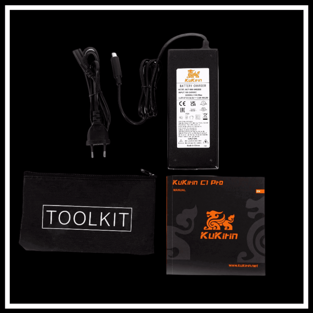 KUKIRIN C1 PRO battery charger and toolkit, essential accessories for the eco-friendly electric scooter.