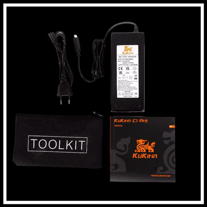 KUKIRIN C1 PRO battery charger and toolkit, essential accessories for the eco-friendly electric scooter.