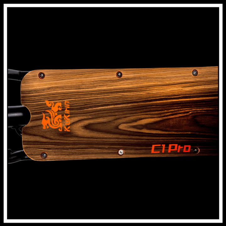 KUKIRIN C1 PRO electric scooter deck showcasing stylish wood finish and logo.