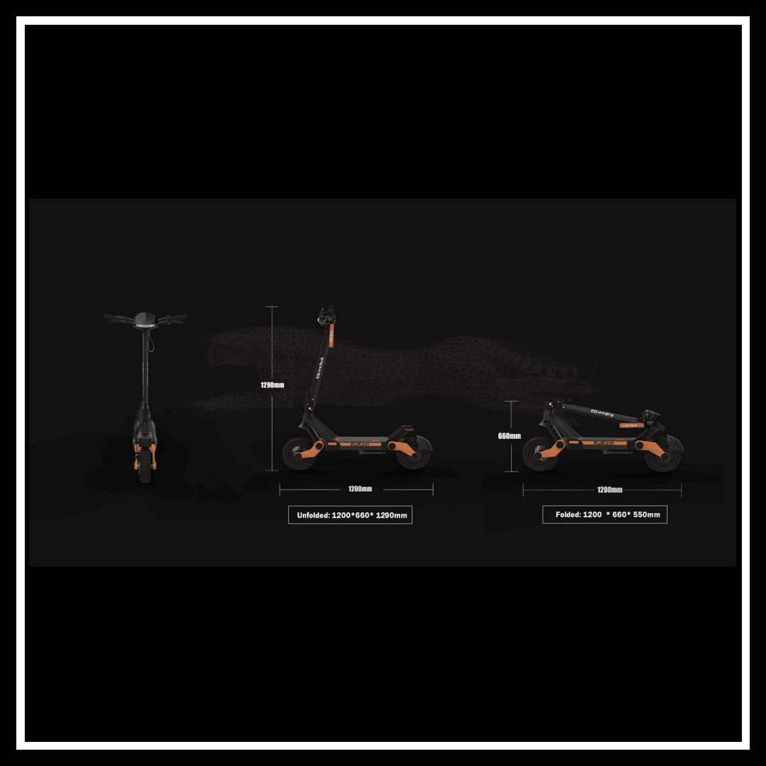 Kukirin G2 electric scooter dimensions displayed from multiple angles: unfolded, folded, and front view.