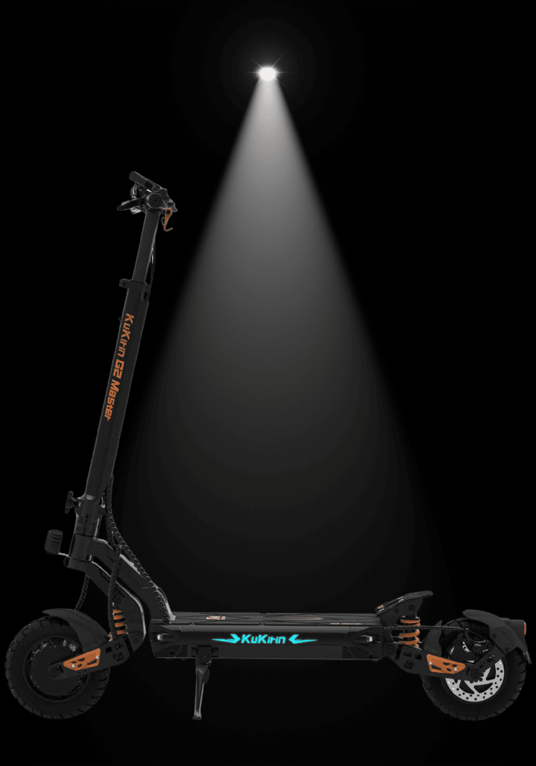 KUKIRIN G2 Master 2025 electric scooter under spotlight showcasing its high-performance design.