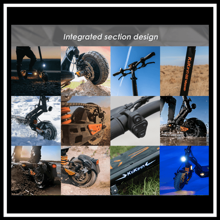 Collage of KUKIRIN G2 Master 2025 electric scooter features showcasing integrated section design.