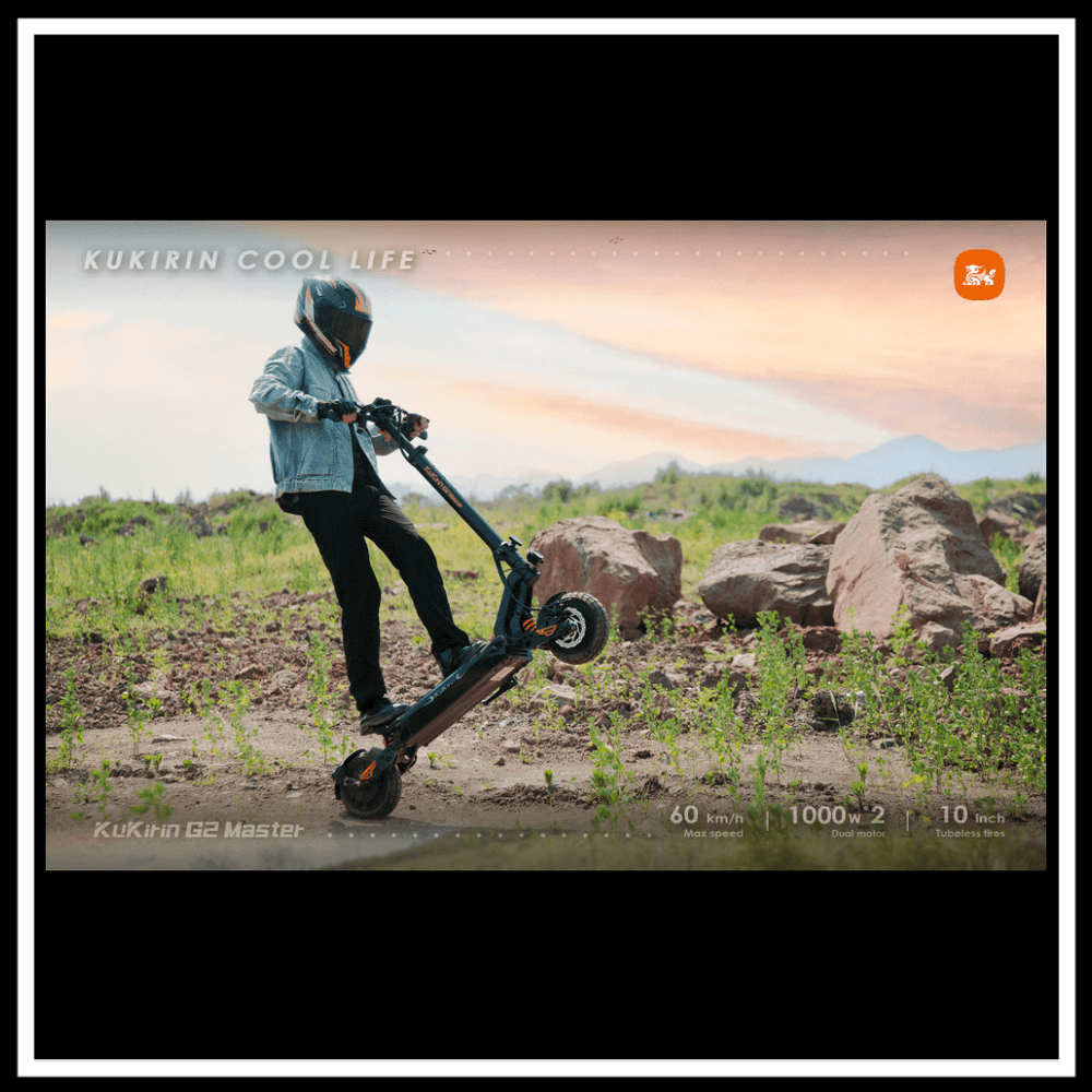 KUKIRIN G2 Master 2025 electric scooter performing a stunt on rocky terrain.
