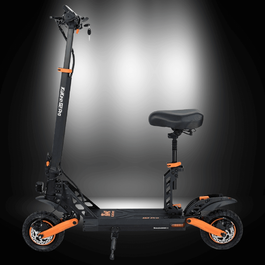 KUKIRIN G2 Pro electric scooter displayed against a dramatic background, featuring a sturdy design and comfortable seat.