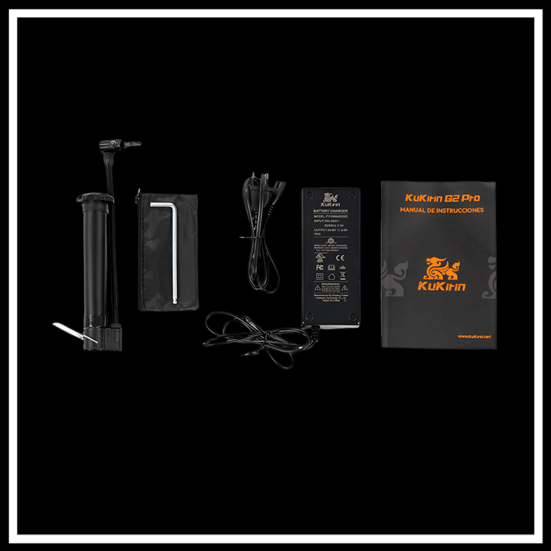 KUKIRIN G2 PRO (VMP) accessories including charger, manual, and tools on a black background.