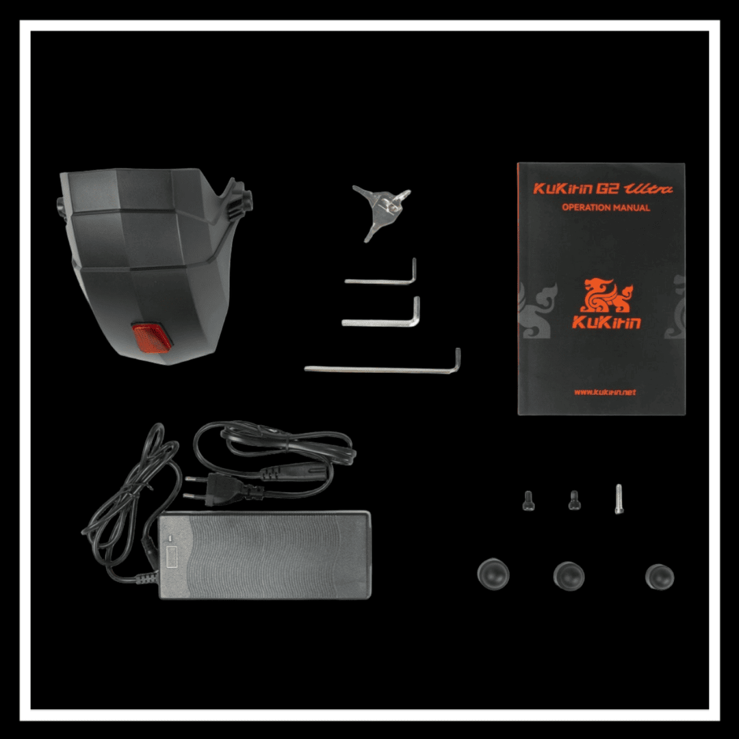 🇮🇪🇪🇺 KUKIRIN G2 ULTRA accessories including battery charger, manual, and tools.