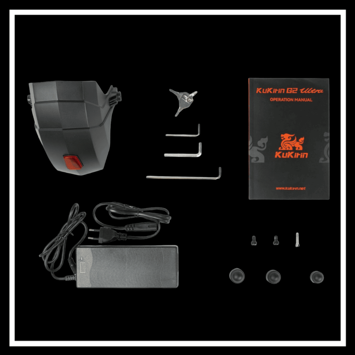 🇮🇪🇪🇺 KUKIRIN G2 ULTRA accessories including battery charger, manual, and tools.