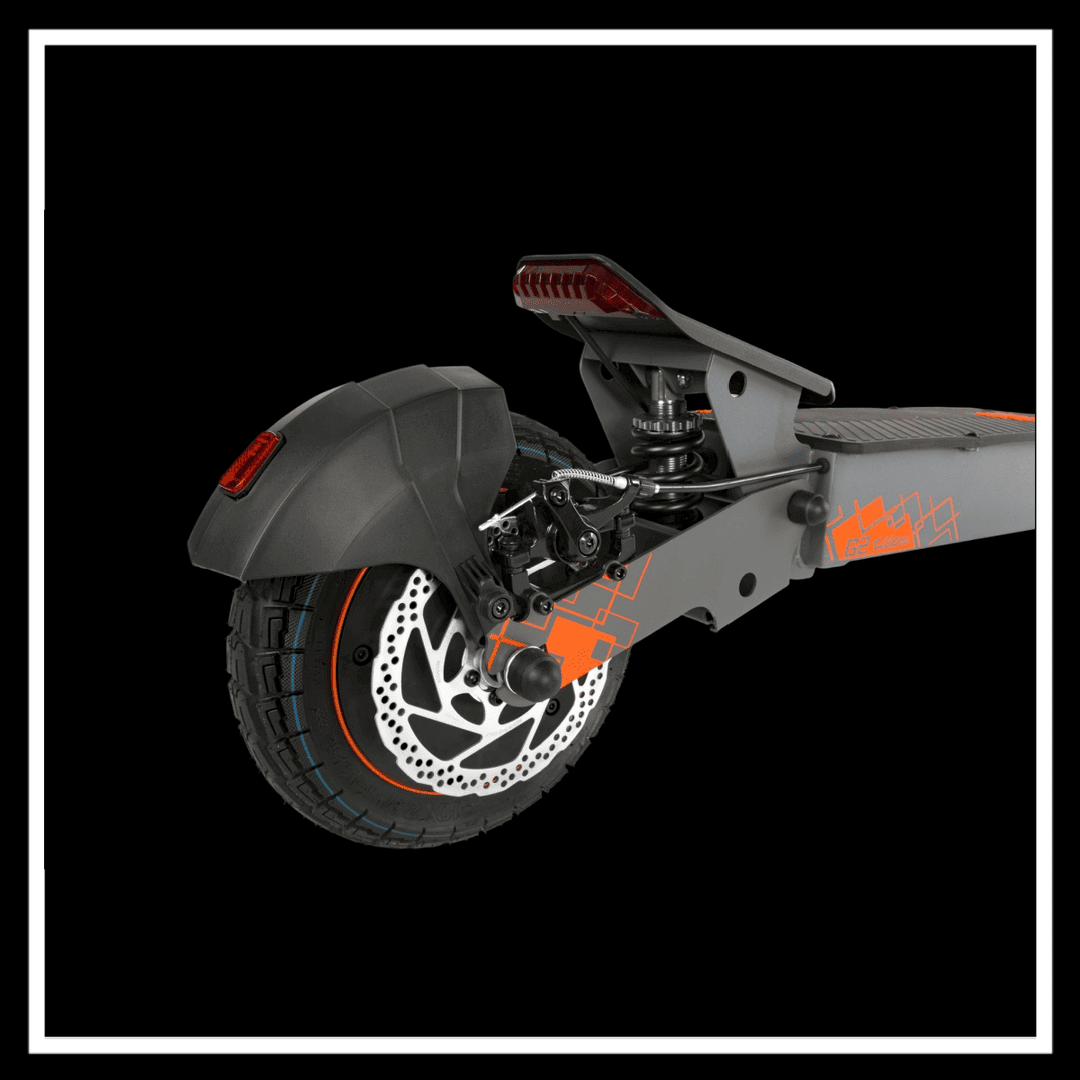 Rear view of the 🇮🇪🇪🇺 KUKIRIN G2 ULTRA electric scooter showcasing its robust tire and suspension system.