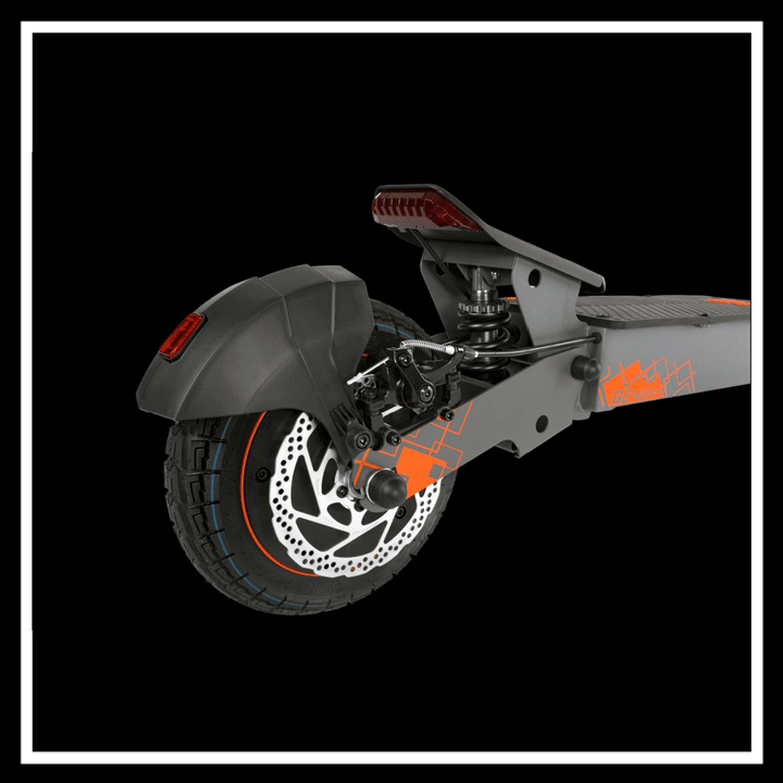 Rear view of the 🇮🇪🇪🇺 KUKIRIN G2 ULTRA electric scooter showcasing its robust tire and suspension system.