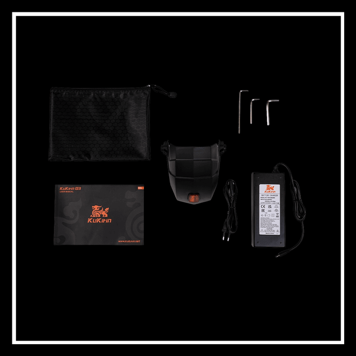 KUKIRIN G3 electric scooter accessories including charger, manual, and tools on a black background.