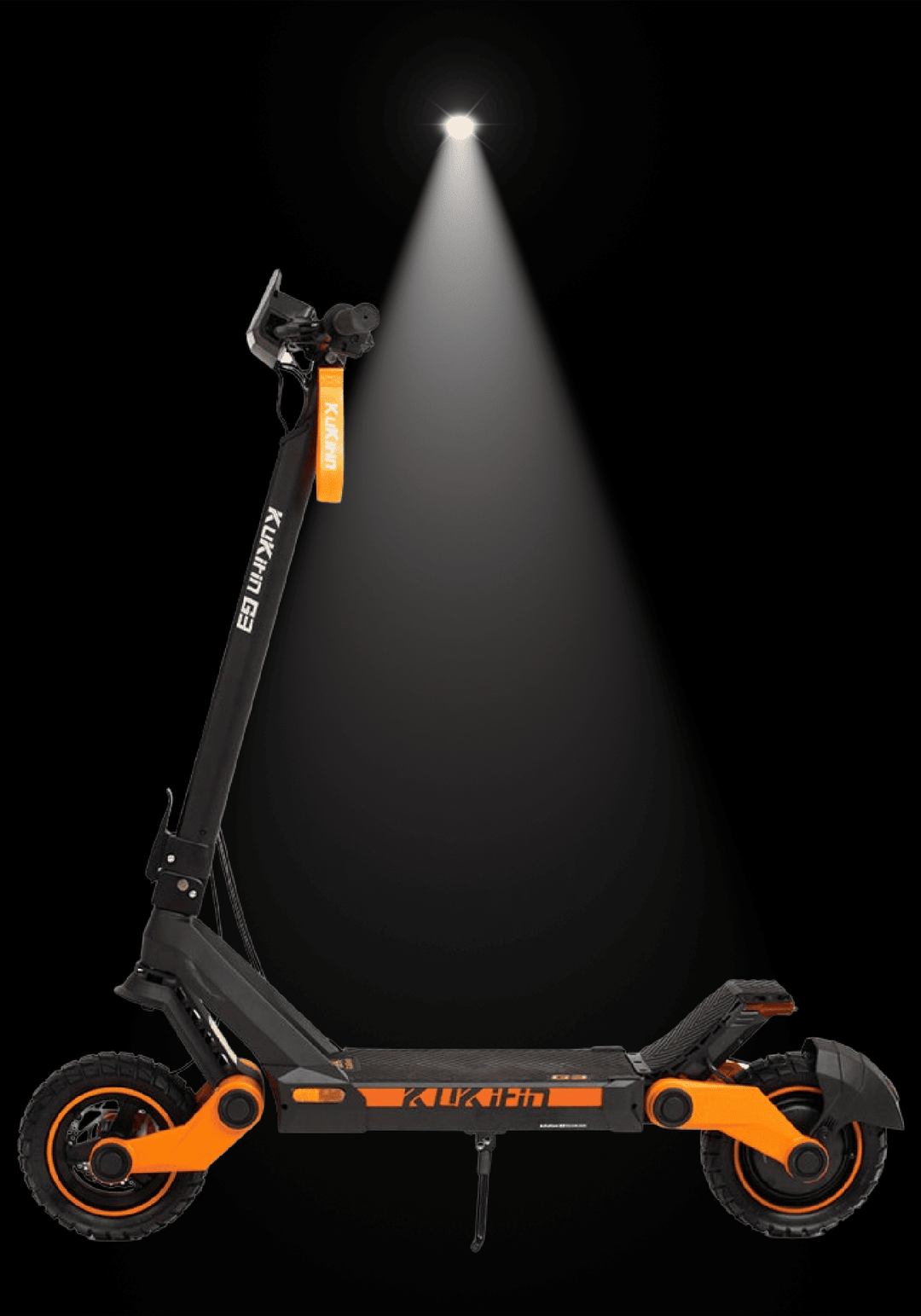 KUKIRIN G3 electric scooter showcased under spotlight on a dark background highlighting its design and features.