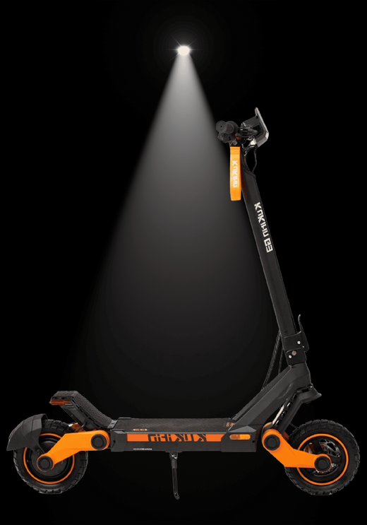 KUKIRIN G3 electric scooter showcased under spotlight on a dark background highlighting its design and features.