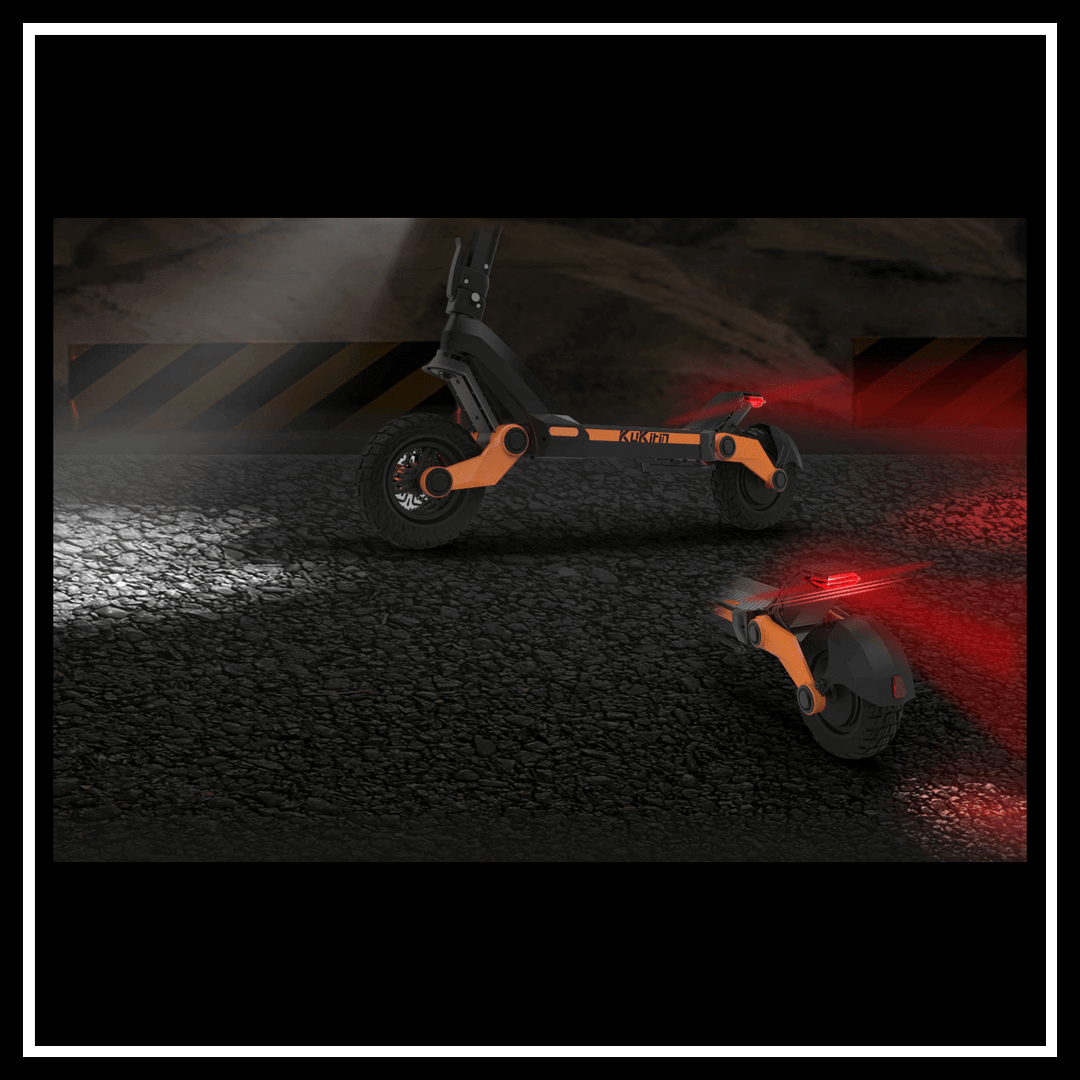 KUKIRIN G3 electric scooter parked on textured asphalt with red lights illuminated.