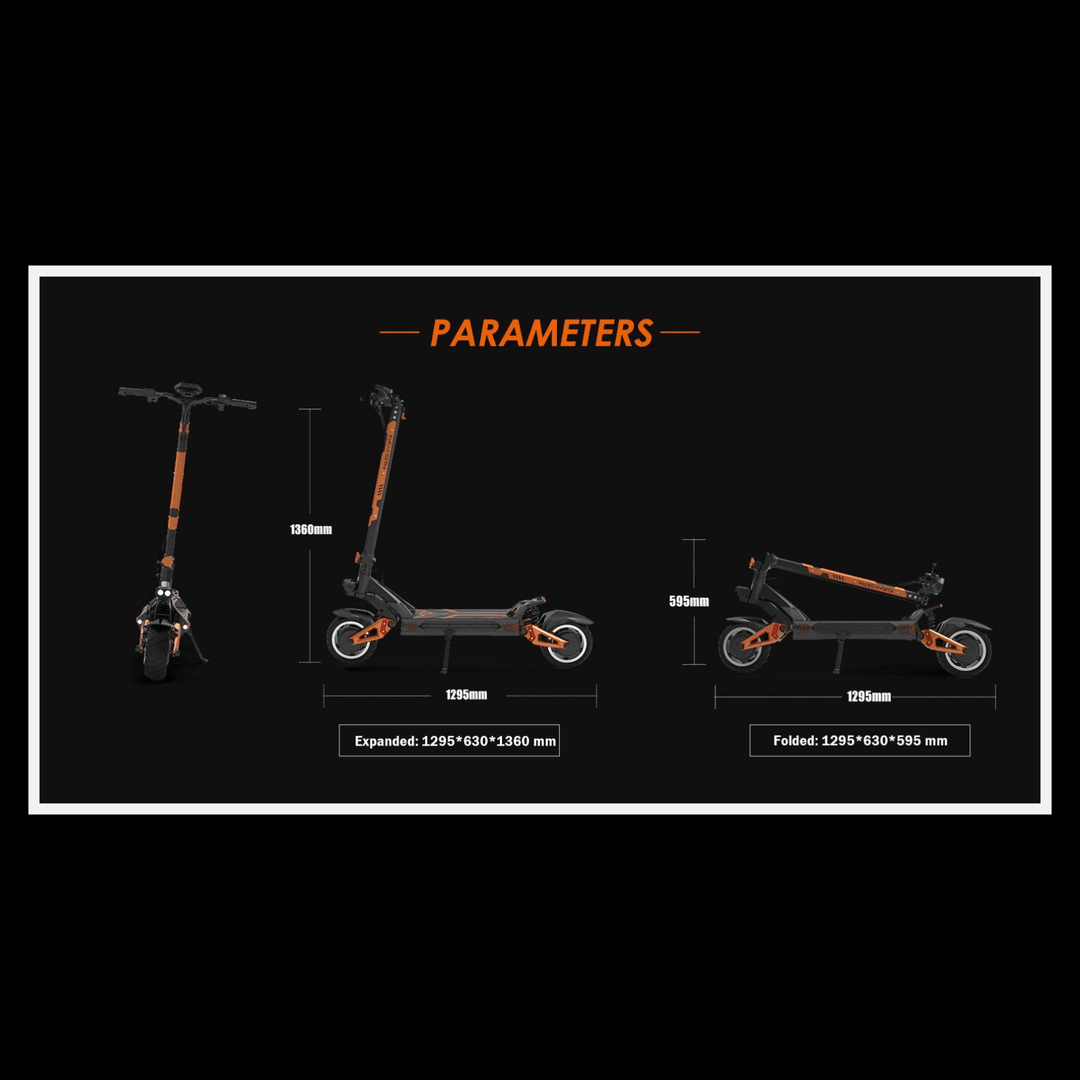 KUKIRIN G3 Pro electric scooter size parameters showcasing expanded and folded dimensions.