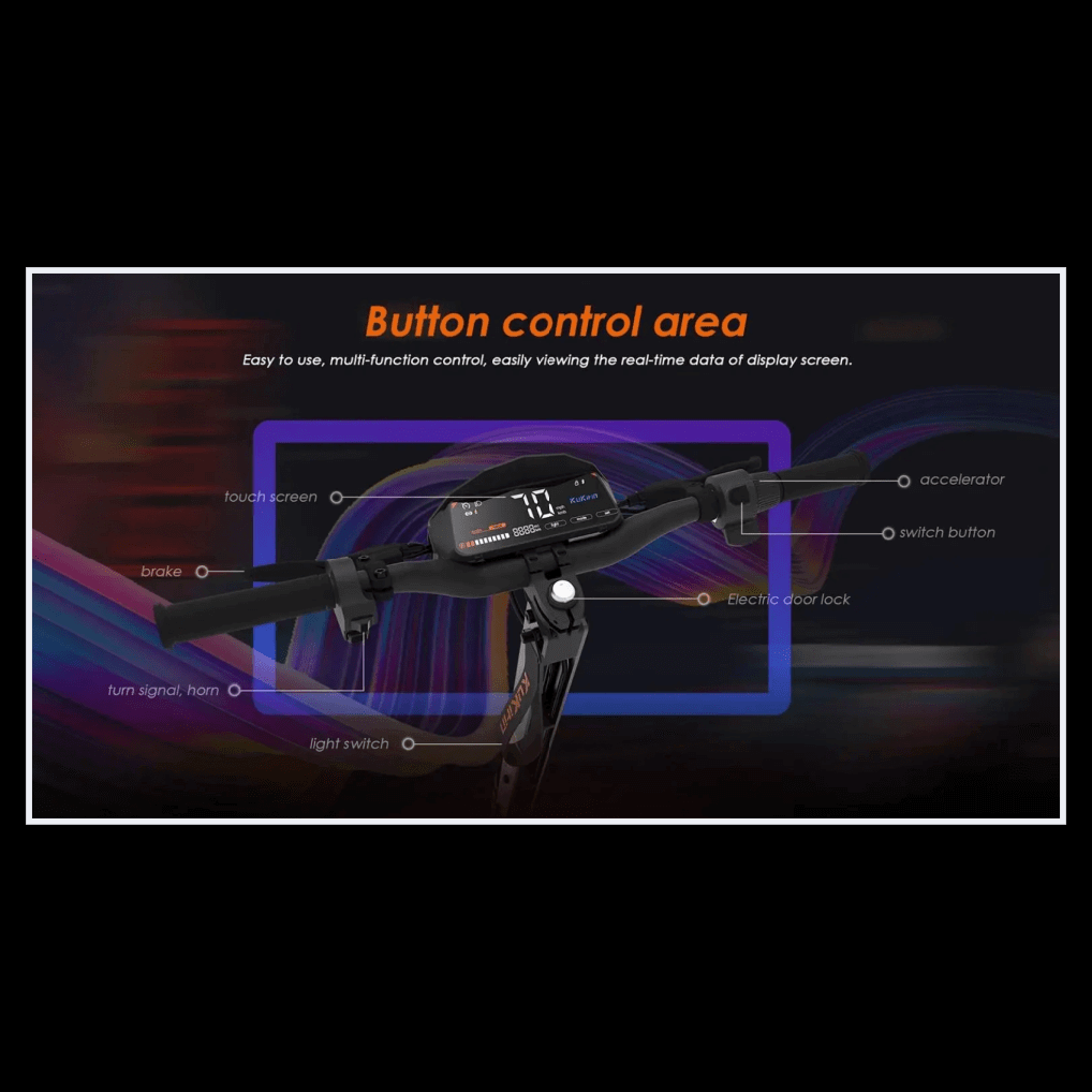 Button control area of the Kukirin G4 electric scooter featuring touch screen and multifunction controls.