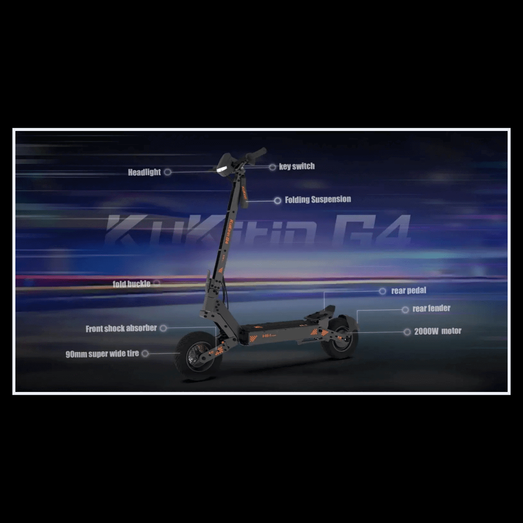 Kukirin G4 electric scooter showcasing features like headlight, folding suspension, and 2000W motor.