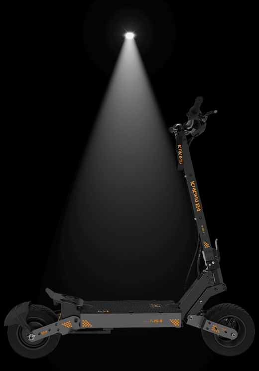 Kukirin G4 electric scooter illuminated by spotlight against dark background showcasing its sleek design.