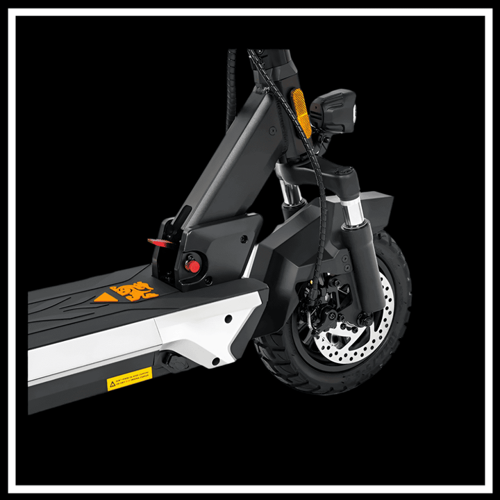 KUKIRIN M4 MAX electric scooter close-up showing the front wheel, braking system, and sleek design.