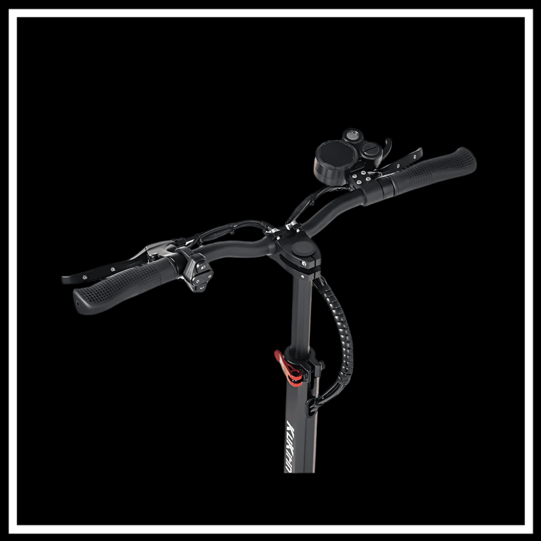 KUKIRIN M4 MAX electric scooter handlebars showcasing dual brakes and controls on a black background.