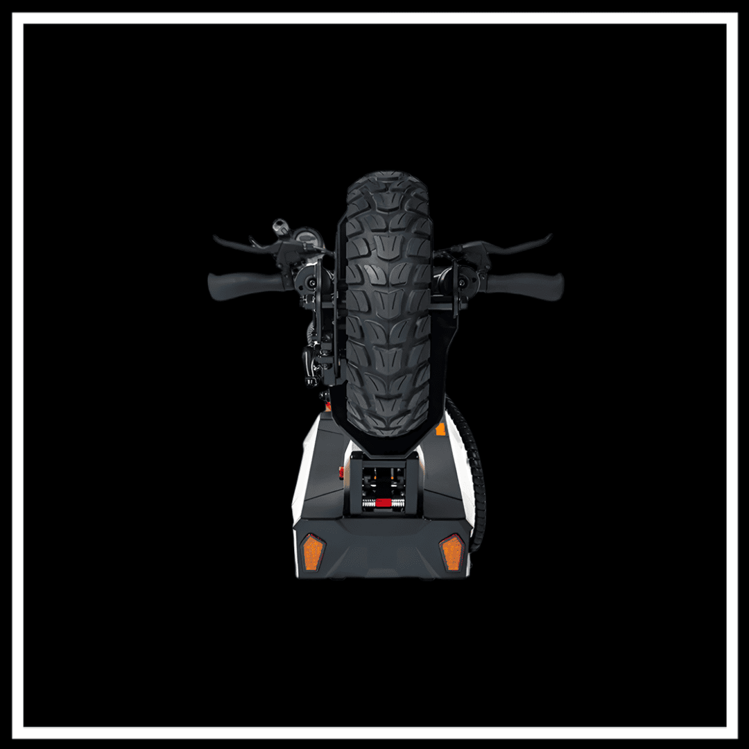 KUKIRIN M4 MAX showing the rear view with a prominent tire and handlebars against a black background.