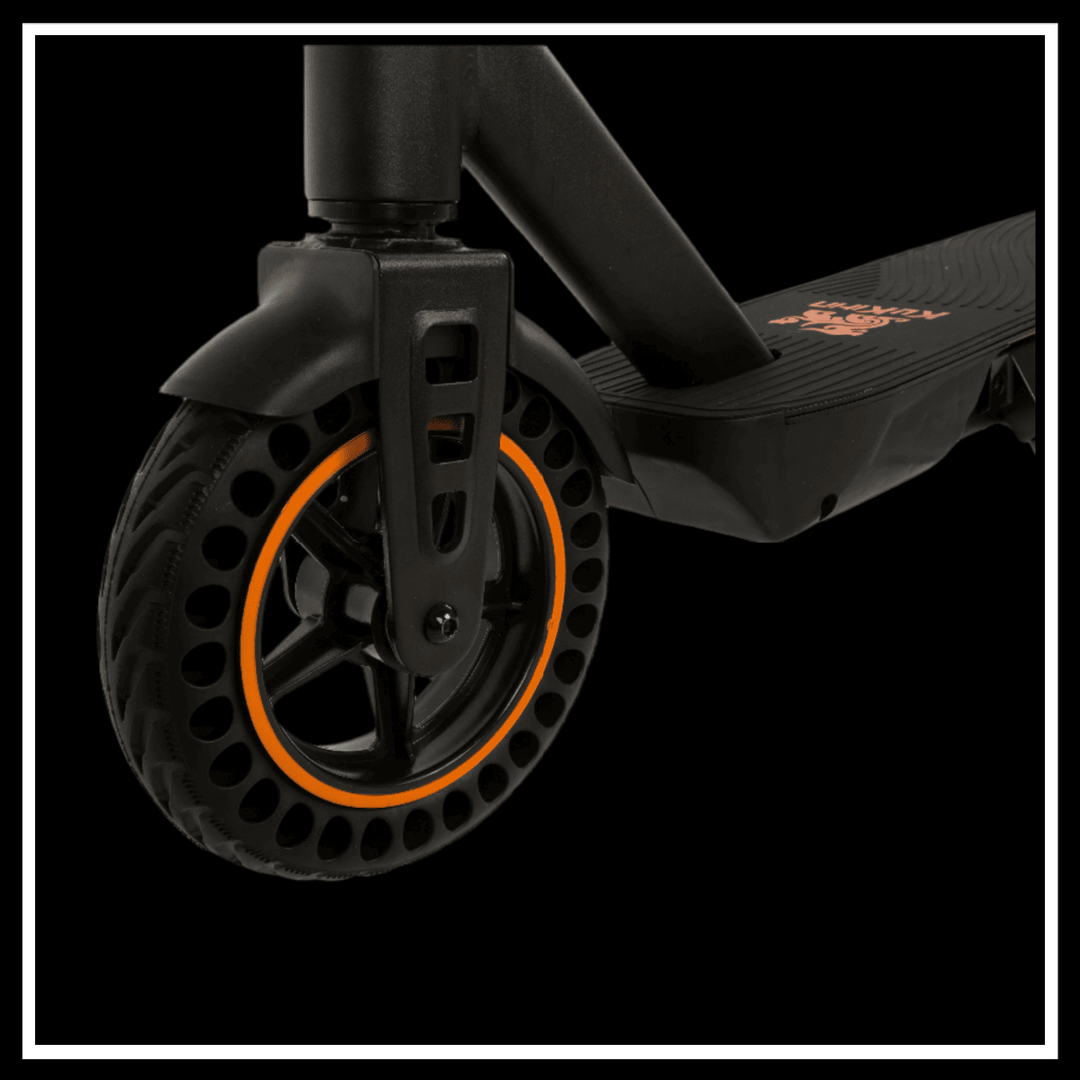 Close-up of the KuKirin S1 Max electric scooter's tire and deck, showcasing its sleek design and durability.