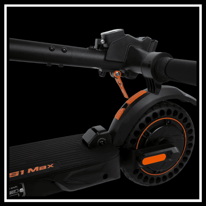Close-up of the KuKirin S1 Max electric scooter showcasing its handlebar and wheel design.