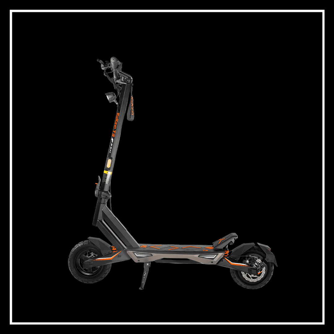 Kukirin electric scooter T3 side profile with a sleek black and orange design, showcasing its sturdy frame and modern features.