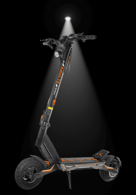 KUKIRIN T3 ELECTRIC SCOOTER illuminated in spotlight against black background, showcasing its sleek design and features.