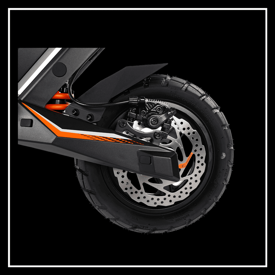 Close-up of the wheel and brake system of the kukirin electric scooter t3 showcasing its robust design.