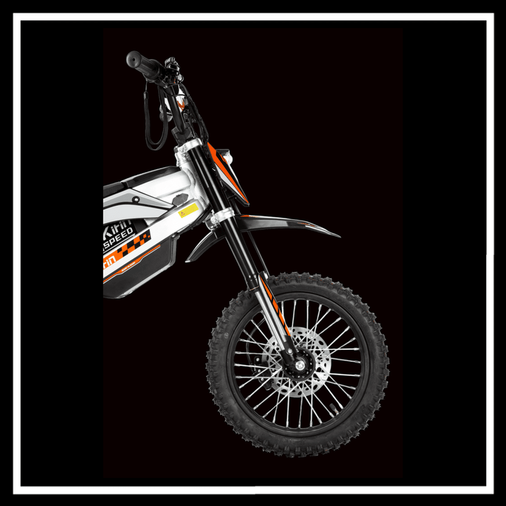 KUKIRIN X1 ELECTRIC DIRT BIKE front wheel and suspension, showcasing off-road capabilities and performance.