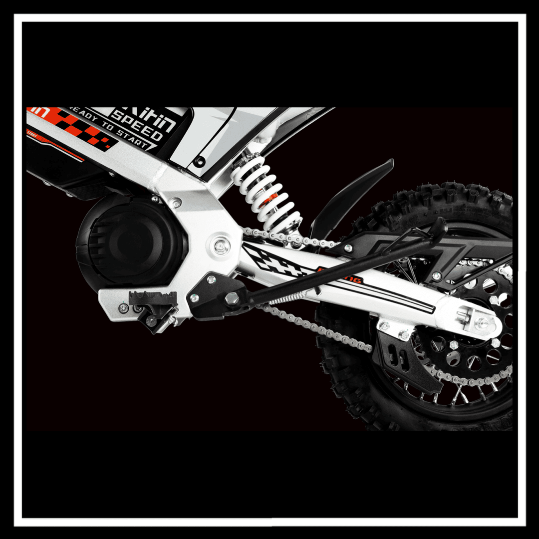 Close-up view of the KUKIRIN X1 ELECTRIC DIRT BIKE showcasing the 1000W motor and suspension system.