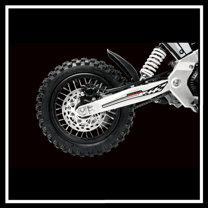 Close-up of the rear wheel and suspension of the KUKIRIN X1 ELECTRIC DIRT BIKE showcasing its off-road capabilities.