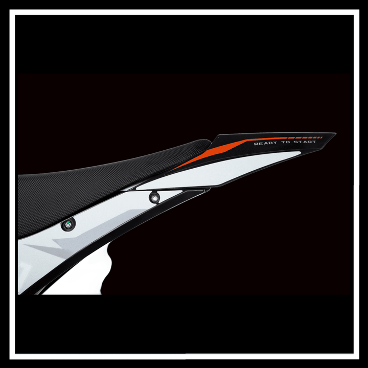 Close-up of KUKIRIN X1 ELECTRIC DIRT BIKE seat with sleek design and text "Ready to Start".
