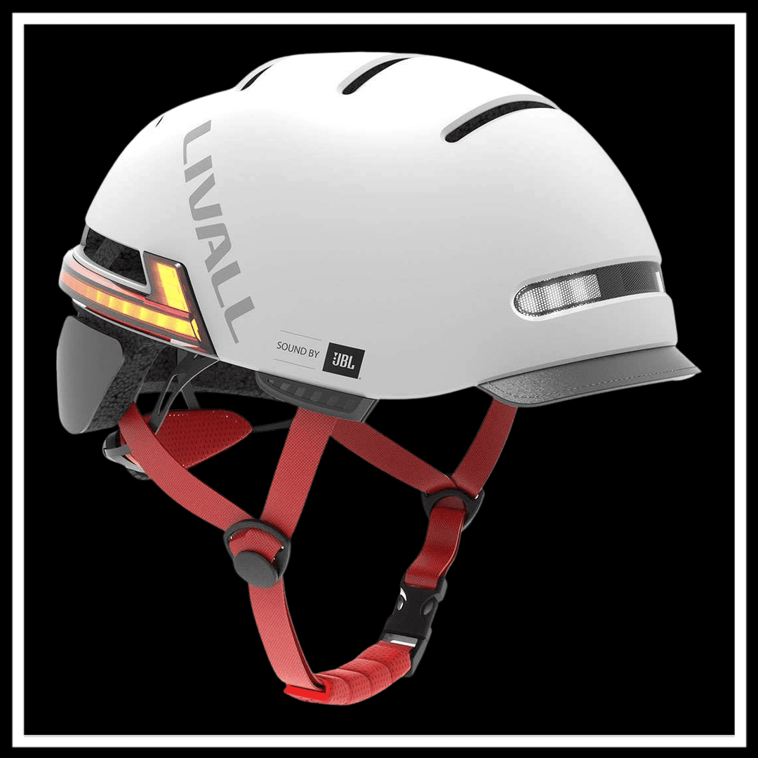 BH51M NEO URBAN smart urban bike helmet - white LIVALL helmet with red straps and JBL sound feature.
