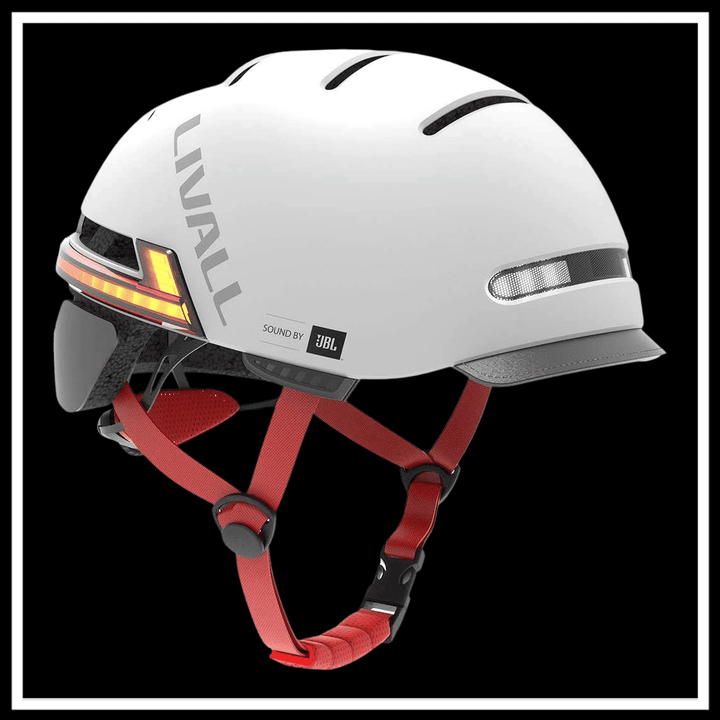 BH51M NEO URBAN smart urban bike helmet - white LIVALL helmet with red straps and JBL sound feature.