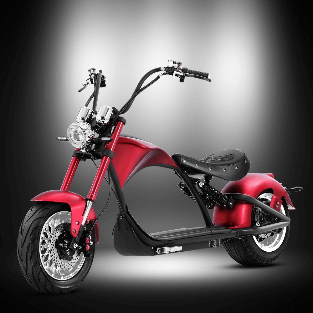 M1P electric chopper motorcycle in sleek red design showcasing Harley-style features and a powerful 2000W motor.