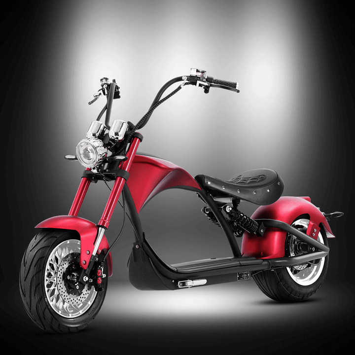 M1P electric chopper motorcycle in sleek red design showcasing Harley-style features and a powerful 2000W motor.