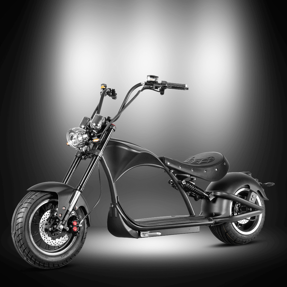 M1P electric chopper motorcycle in sleek black design showcasing stylish features and robust build.